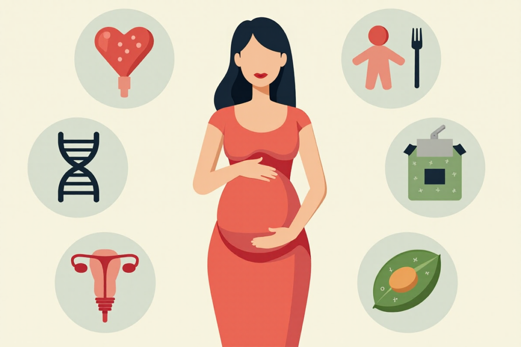 An artistic illustration of a pregnant woman surrounded by symbols representing factors that increase the chances of having twins, including genetics, ovulation, diet, fertility treatments, and maternal age.