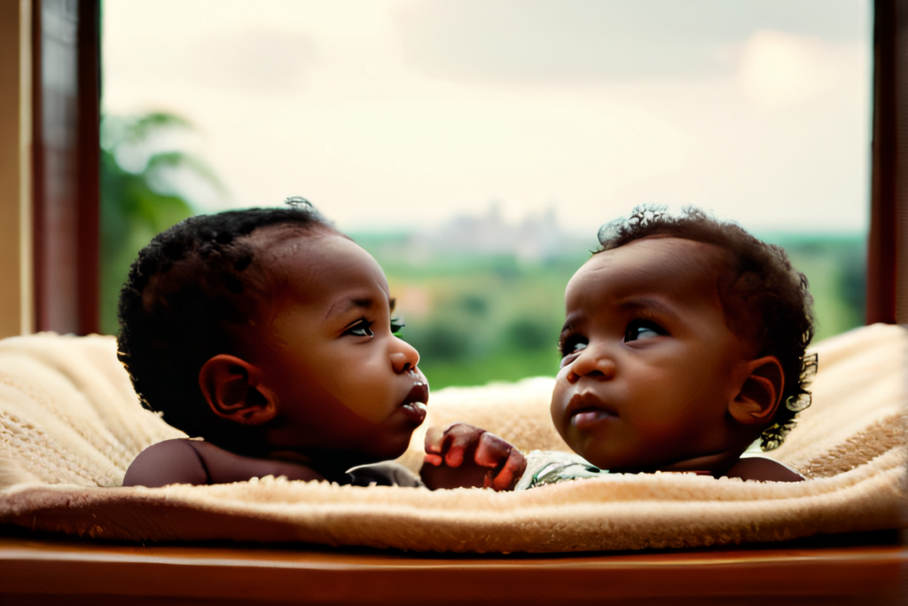 Two twin babies lying on a soft blanket, surrounded by cultural and environmental elements that influence twinning, including yams, a fertility clinic, and an urban cityscape.