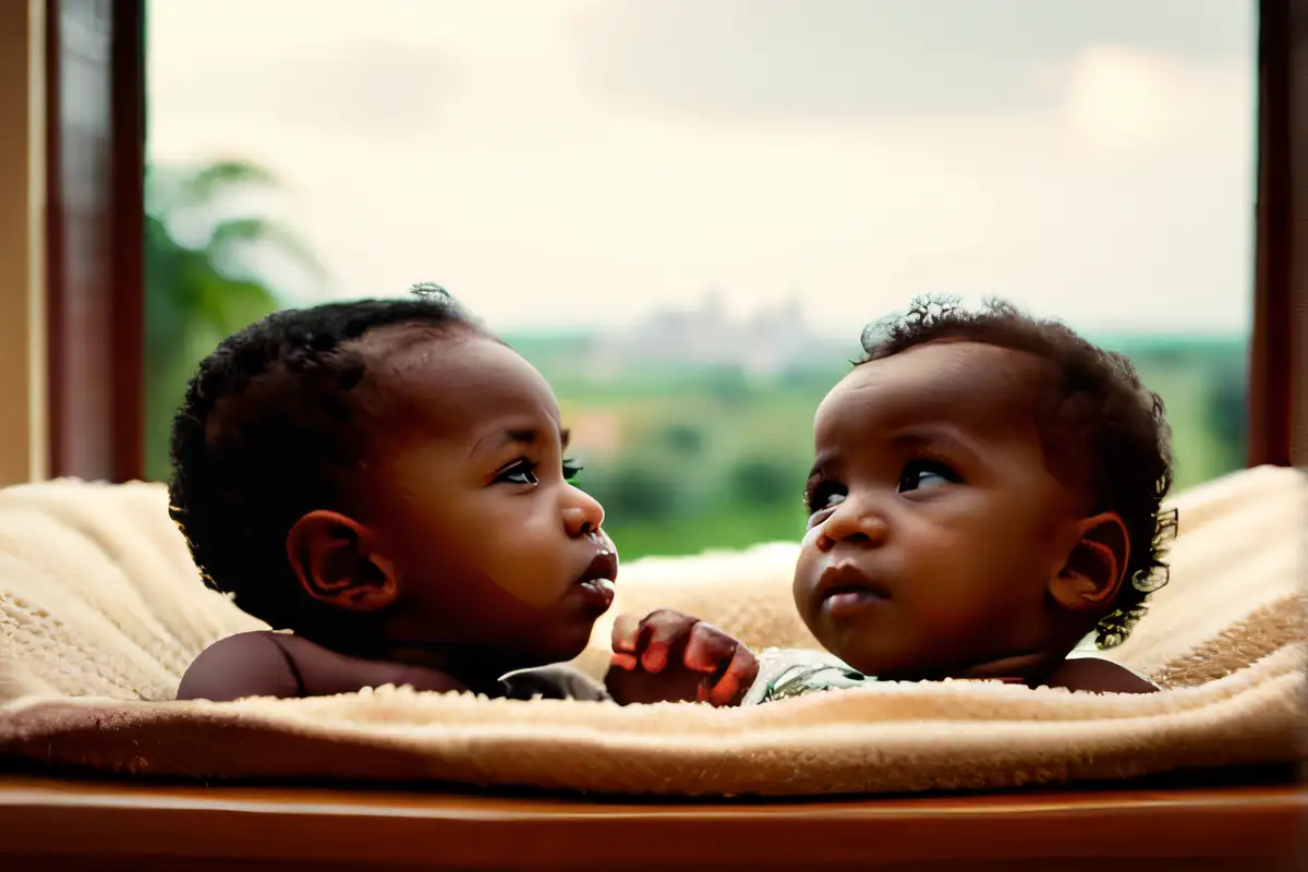 Two twin babies lying on a soft blanket, surrounded by cultural and environmental elements that influence twinning, including yams, a fertility clinic, and an urban cityscape.