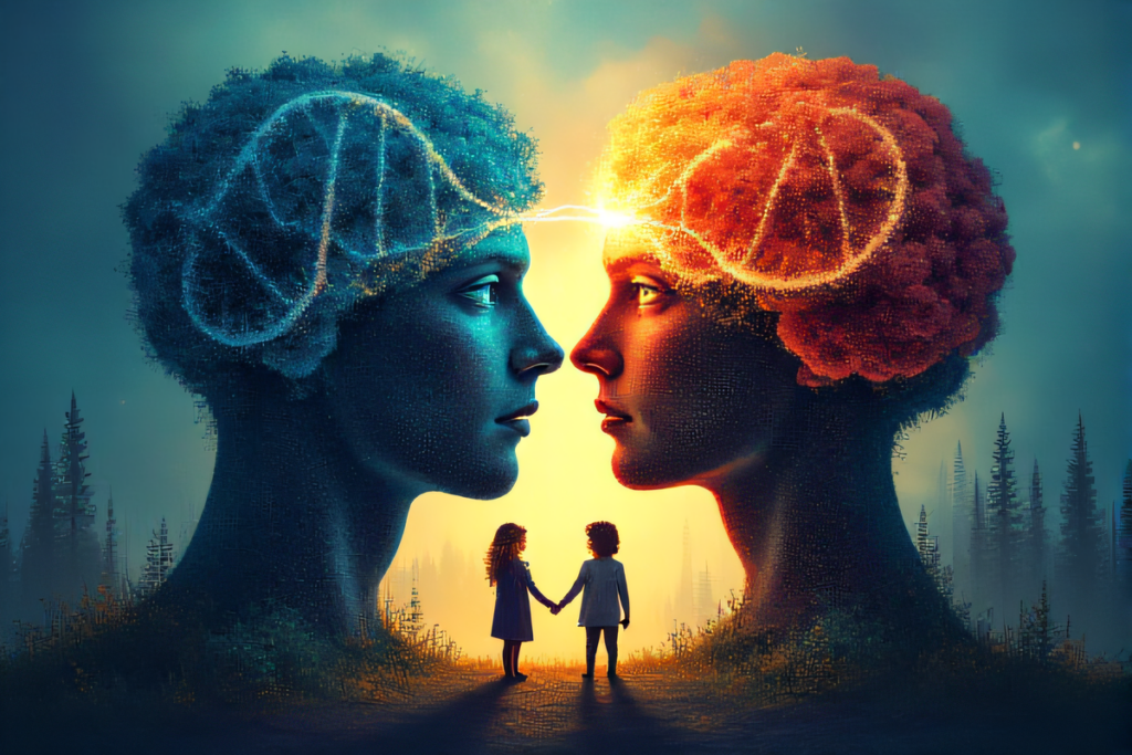 Surreal split-brain artwork: DNA and binary code on one side, forest and family on the other, with twin children bridging nature vs. nurture in twin studies.