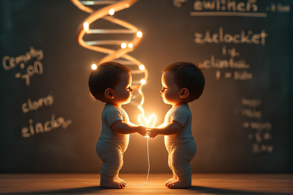 Realistic twins holding hands with DNA and equations blending into emotional shadows, symbolizing science and connection.