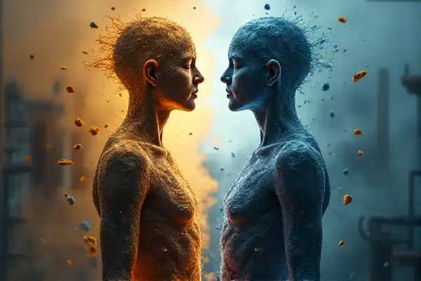 Identical twins with split biology: healthy vs. diseased DNA, environmental toxins, and epigenetic tags symbolizing health disparities in twins.