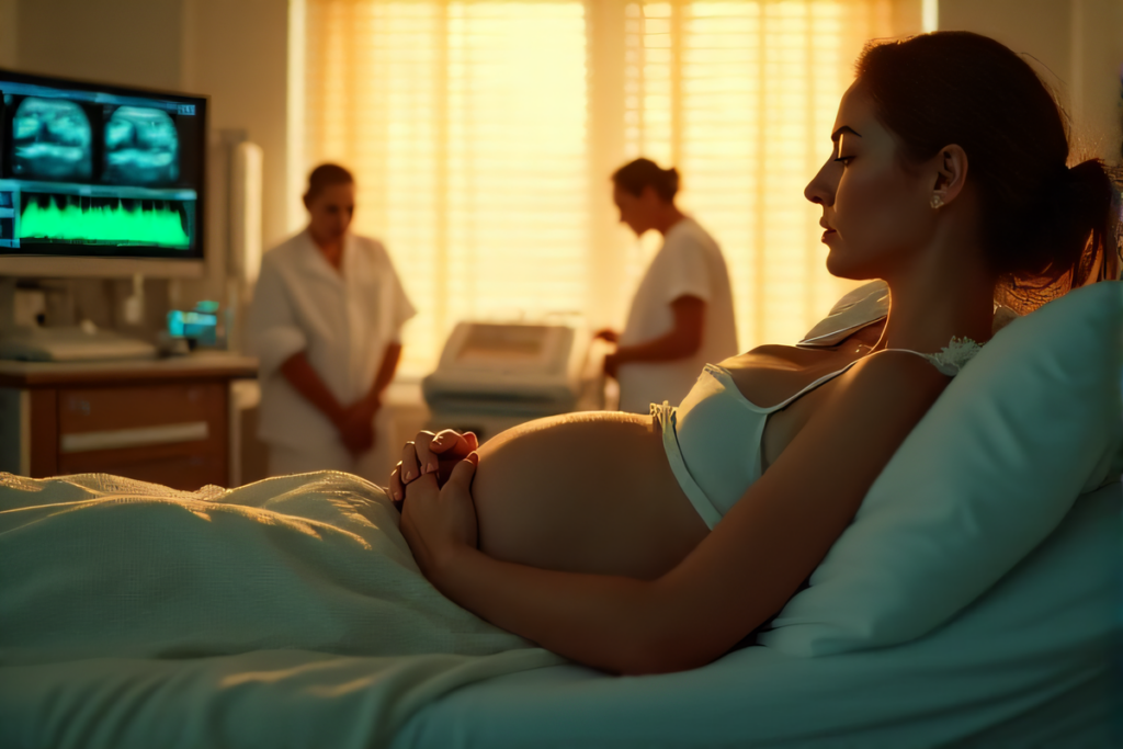 Dramatic hospital scene: mother cradling twin pregnancy as medical team prepares, golden sunrise symbolizing hope amid clinical challenges.