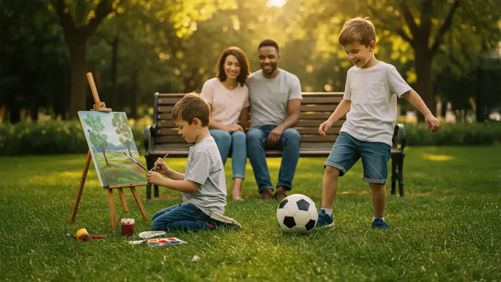 Identical twins pursuing different hobbies in a park, showcasing individuality with supportive parents nearby