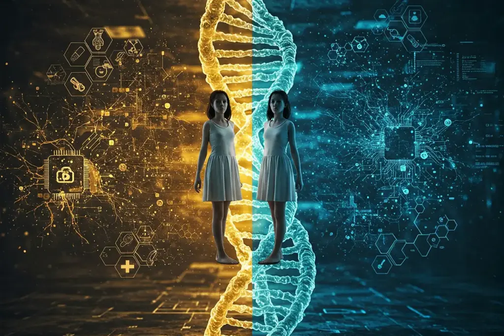 Twins in a DNA-AI fusion: technology revolutionizing twin research for parents and scientists.