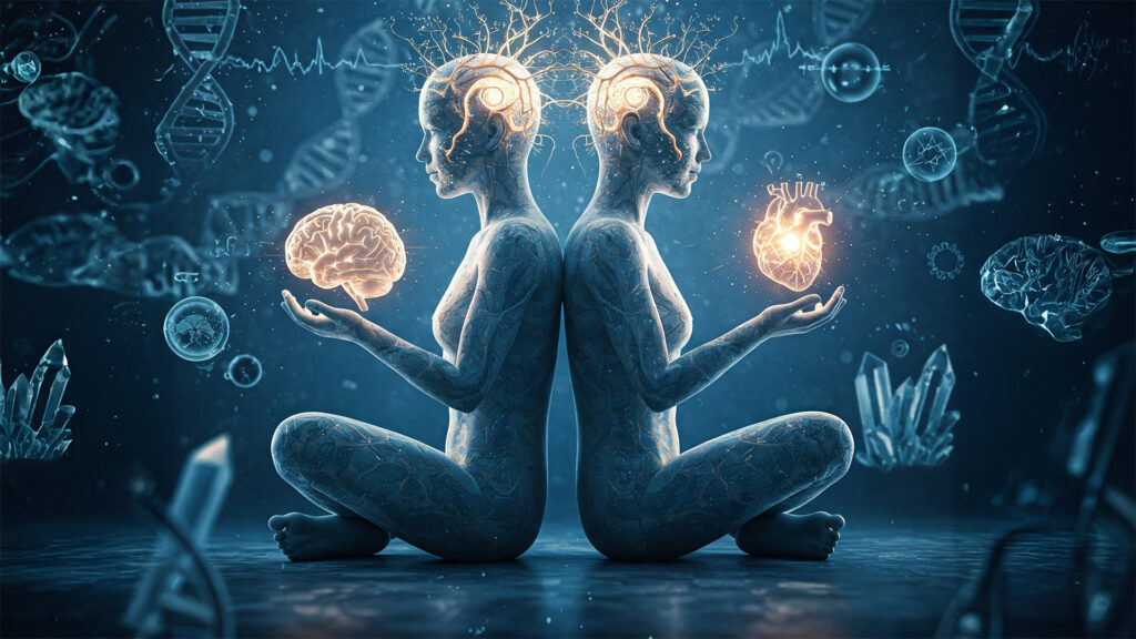 Twins connected by glowing neural pathways, symbolizing the science and mystery of twin telepathy.