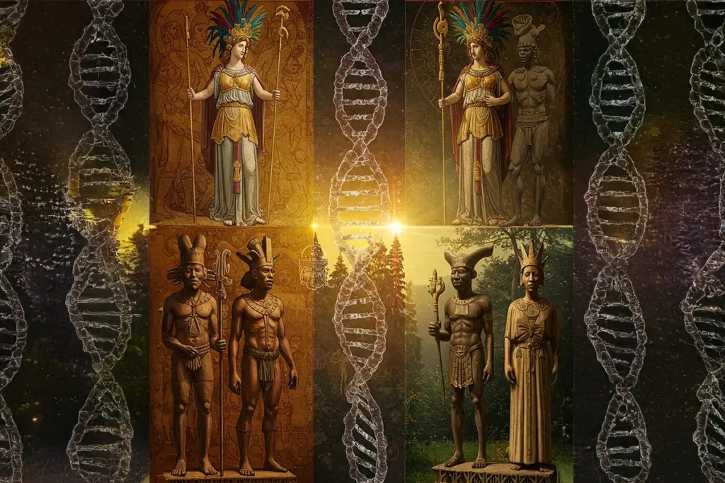 Mythical twin figures from global cultures, blending ancient tales and symbolic DNA for parents of twins.