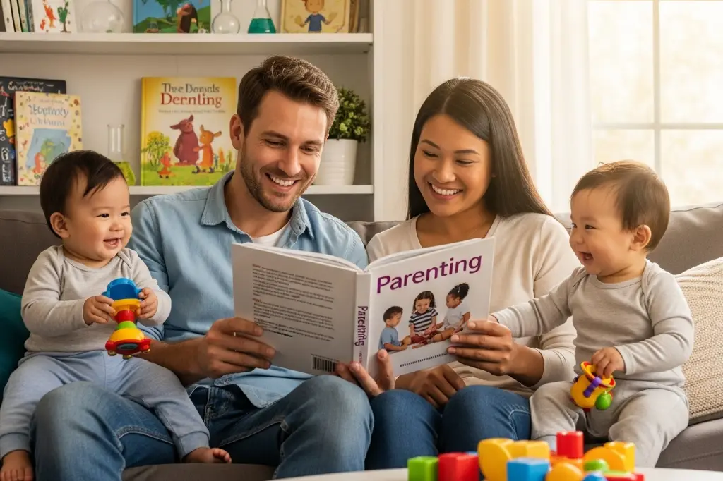 Twin parents reading a parenting book while their twins play nearby, with science icons and storybooks in the background