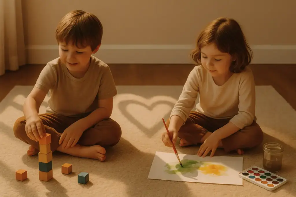 Young twins playing together while also enjoying separate activities, showing twin bonding and individuality