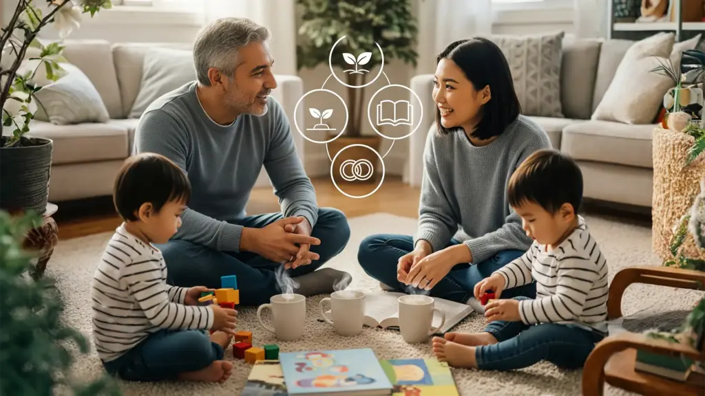 Diverse group of twin parents sharing stories while their toddlers play together in a supportive community setting