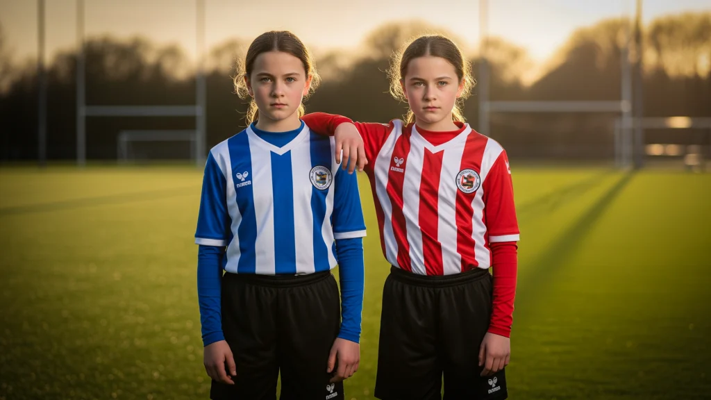 Identical twin girls playing soccer, showcasing teamwork and individuality as athletic twins.