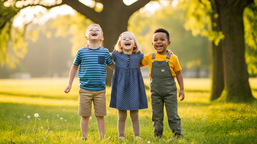 A twin and their best friend, two identical twins and a close friend with arms around each other, laughing outdoors.