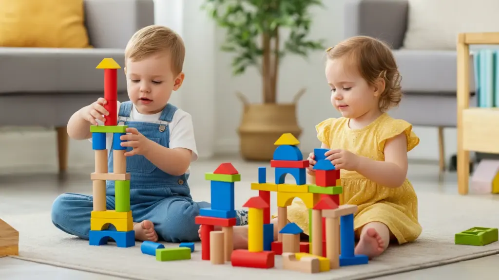 Twins playing together while building their own separate block towers