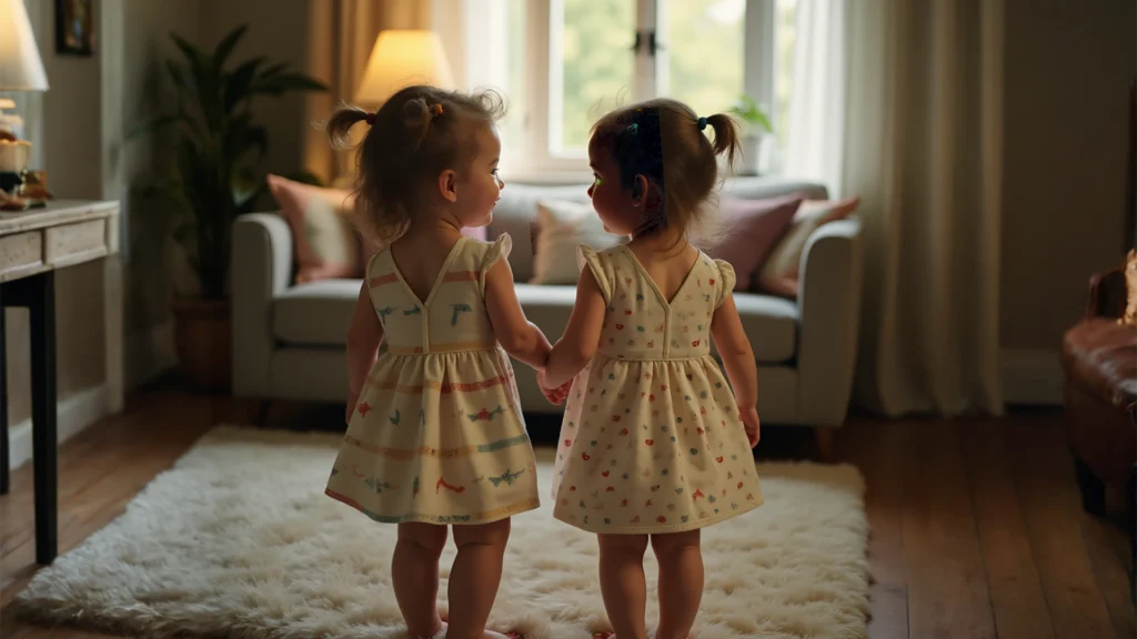Identical toddler twins wearing coordinated but not identical outfits, showing a balanced approach to dressing.