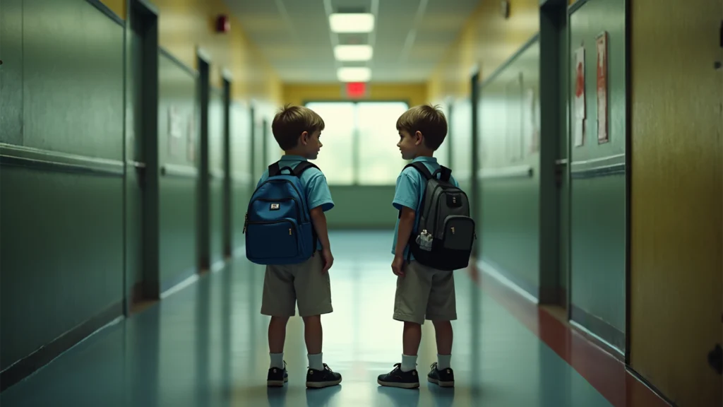 Twins standing at a fork in a school hallway, symbolizing the choice of separating twins in school.