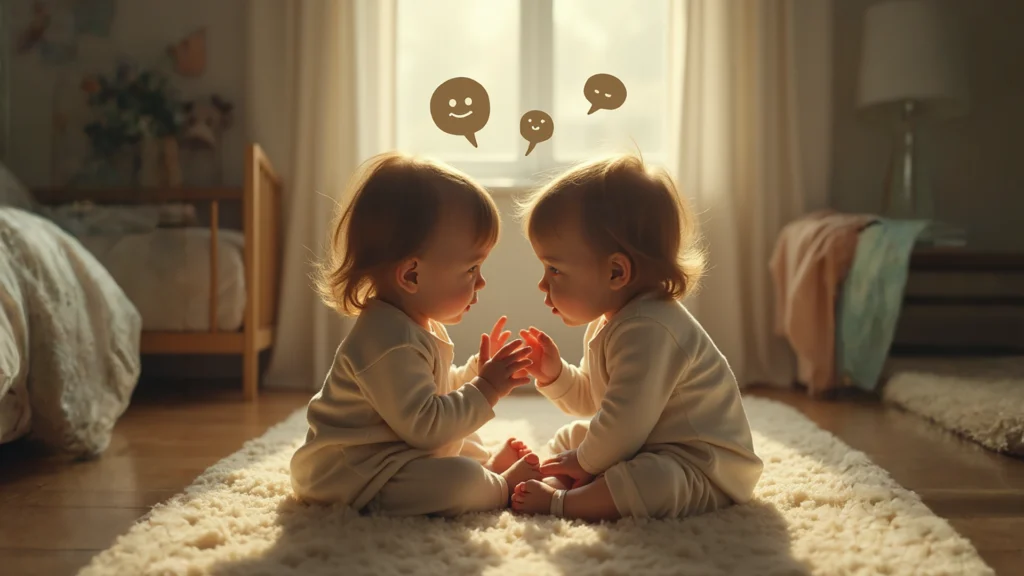 Photography of toddler twins sharing a private conversation, representing the concept of twin talk or cryptophasia.